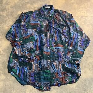 Punch Silk Button Down Shirt Womens Large Multicolor Abstract Art Relaxed VTG